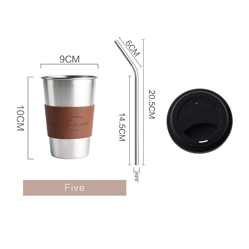 Stainless Steel Coffee Mugs 350ML Tea Cups Big Travel Mugs Camping Mugs Coffee Cup With Straws Lid and Fashion insulated leather